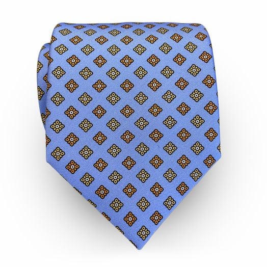 Seaward & Stearn English Printed Silk Tie - Diamond Medallions - Sky with Yellow & Orange (115383)