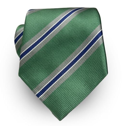 Robert Jensen Silk Necktie - Repp Stripe - Green, Grey, Navy & White (106846)