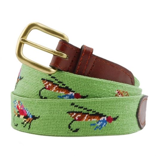 Smathers & Branson Needlepoint Belt - Fishing Flies (Moss)