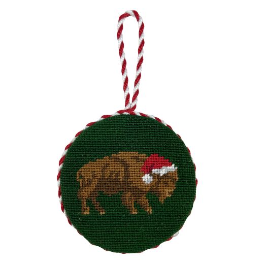 Smathers & Branson Needlepoint Ornament - Buffalo with Santa Hat - Green