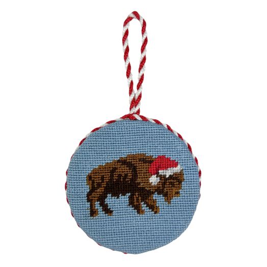 Smathers & Branson Needlepoint Ornament - Buffalo with Santa Hat - Light Blue