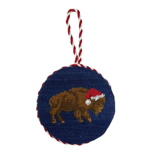 Smathers & Branson Needlepoint Ornament - Buffalo with Santa Hat - Navy