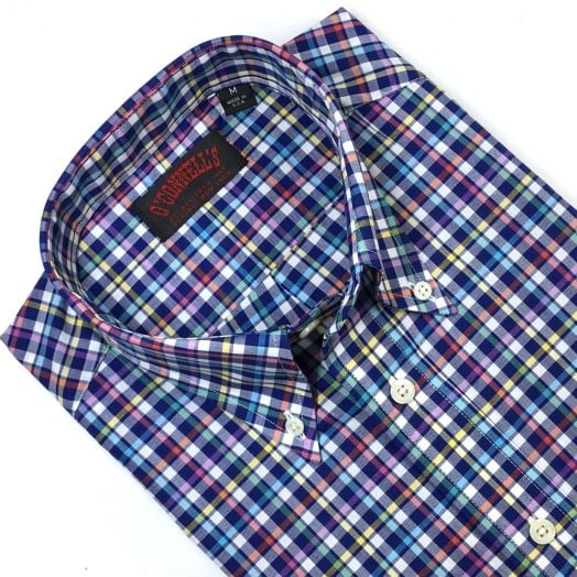 O'Connell's Short Sleeve Cotton Broadcloth Sport Shirt - Navy Color Check