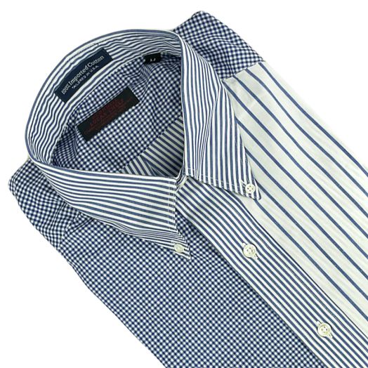 Vintage F.A. MacCluer Button Down Long Sleeve Sport Shirt - Patch Gingham & Stripes - Navy