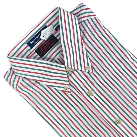 Vintage F.A. MacCluer Pima Cotton Broadcloth Short Sleeve Sport Shirt - Red & Green Stripe