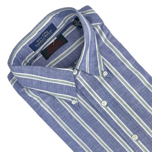 Vintage F.A. MacCluer Short Sleeve Cotton Chambray Sport Shirt - Blue Green Stripe
