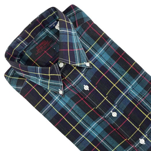 Vintage F.A. MacCluer Short Sleeve Cotton  Sport Shirt - Black & Teal Plaid