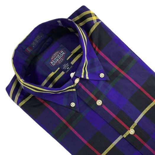 Vintage Kenneth Gordon Cotton Broadcloth Short Sleeve Sport Shirt - Purple & Black Plaid