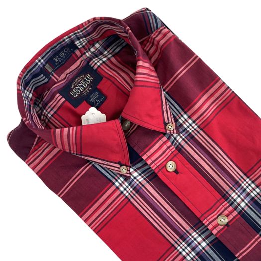 Vintage Kenneth Gordon Cotton Broadcloth Short Sleeve Sport Shirt - Red & Navy Plaid