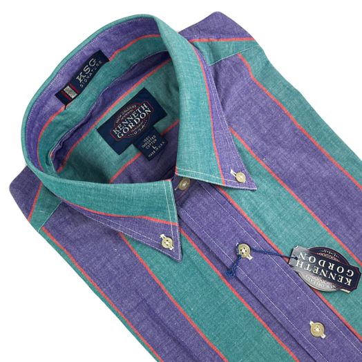 Vintage Kenneth Gordon Pinpoint Cotton Chambray Short Sleeve Sport Shirt - Purple & Green Stripe