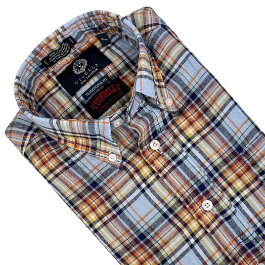 Viyella Long Sleeve Linen Sport Shirt - Sky Sunburst Plaid