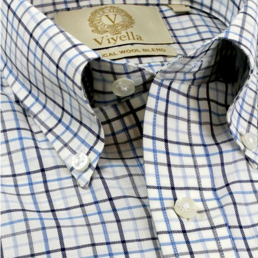 Viyella Long Sleeve Cotton & Tropical Wool Sport Shirt - Sky Tattersall