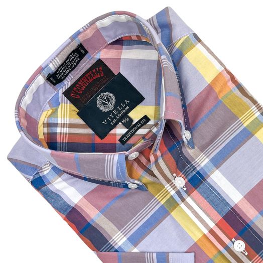 Viyella Short Sleeve Cotton Broadcloth Sport Shirt - Lilac & Yellow Plaid (652359)