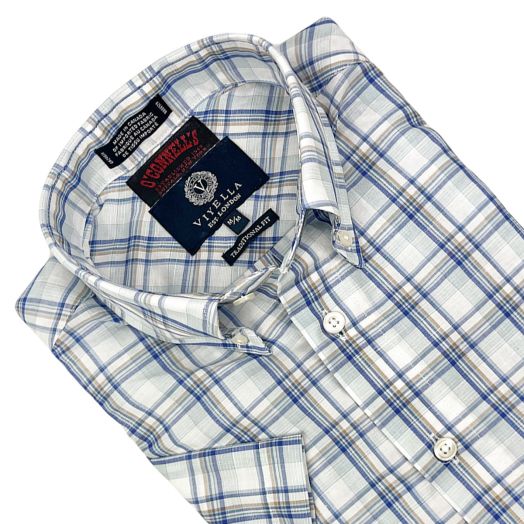 Viyella Short Sleeve Cotton & Linen Sport Shirt - Sea Blue, Light Navy & Tan Plaid (654366)