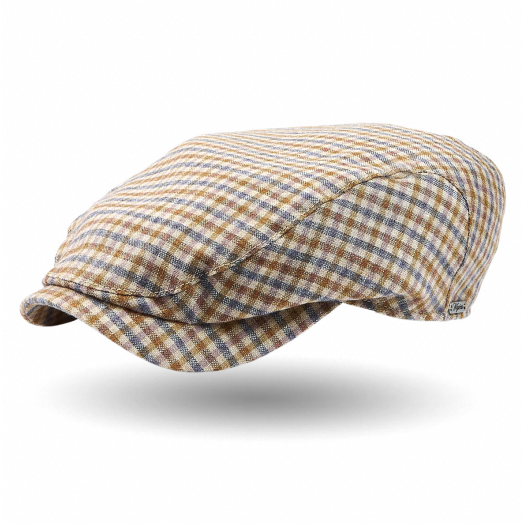 Wigens Wool & Linen Lightweight Cap - Tan & Blue Check (101670)