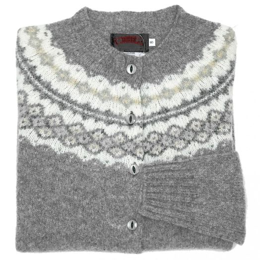 O'Connell's Womens Scottish Shetland Wool Fair Isle Yoke Cardigan Sweater - Medium Grey