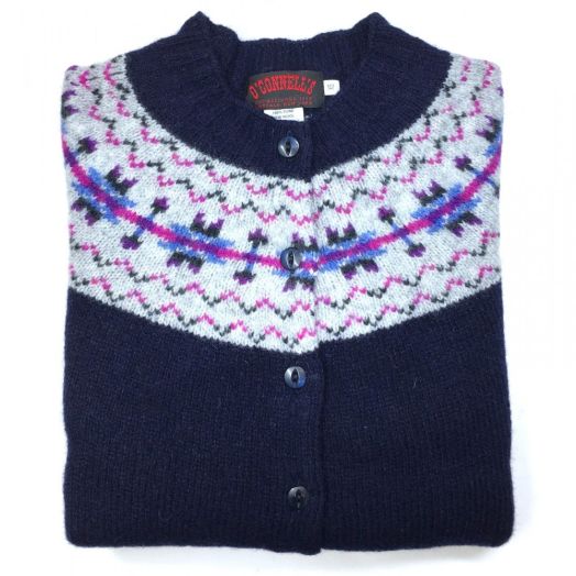 O'Connell's Womens Scottish Shetland Wool Fair Isle Yoke Cardigan Sweater - Navy with Light Grey