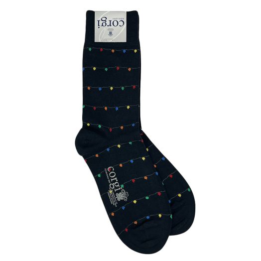 Women's Corgi Cotton Socks - Christmas Lights - Navy