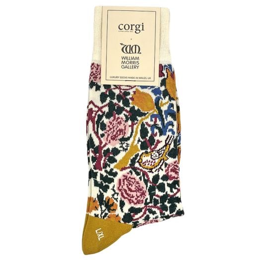 Women's Corgi Cotton Trouser Socks - Floral - Bird - Ecru (119272)
