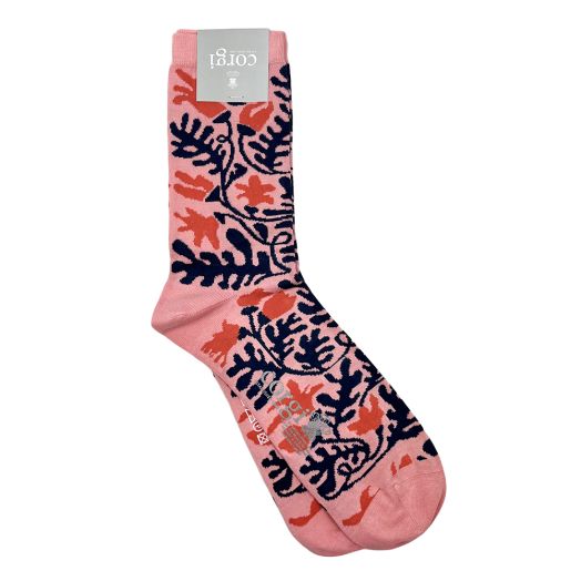 Women's Corgi Cotton Trouser Socks - Floral - Pink & Navy (114373)