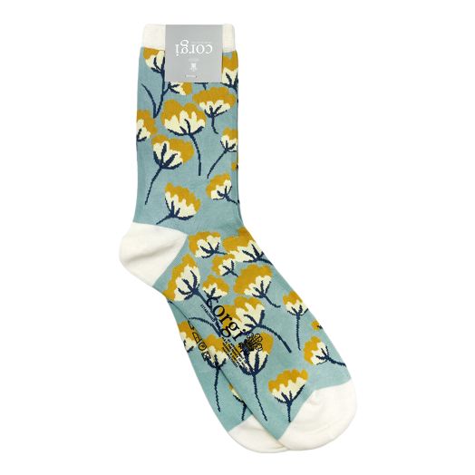 Women's Corgi Cotton Trouser Socks - Floral Sky Blue (114370)