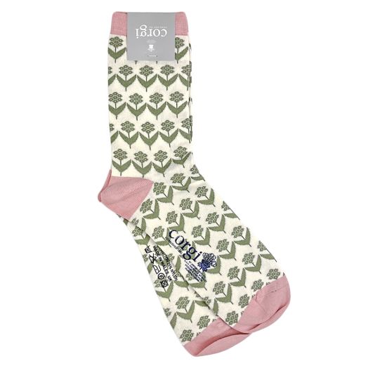 Women's Corgi Cotton Trouser Socks - Floral White, Pink & Olive (114372)