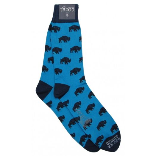 Corgi Women's Cotton Mid-Calf Buffalo Socks - Navy on Turquoise (79416)