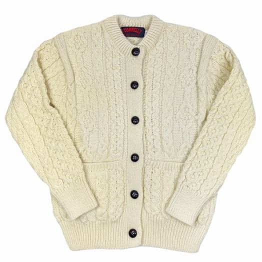 Womens Irish Fisherman Knit Aran Sweater - Crew Neck Cardigan - Natural