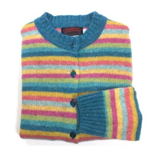 O'Connell's Womens Scottish Shetland Cardigan Sweater - Wool - Striped - Azure