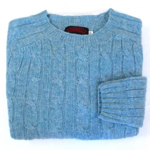 O'Connell's Womens Scottish Shetland Wool Crewneck Sweater - Cable Knit - Surf Blue