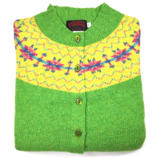 O'Connell's Womens Scottish Shetland Wool Fair Isle Yoke Cardigan Sweater - Apple