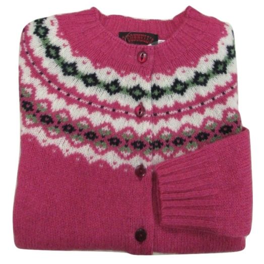 O'Connell's Womens Scottish Shetland Wool Fair Isle Yoke Cardigan Sweater - Carnation