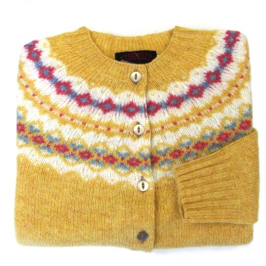 O'Connell's Womens Scottish Shetland Wool Fair Isle Yoke Cardigan Sweater - Curry