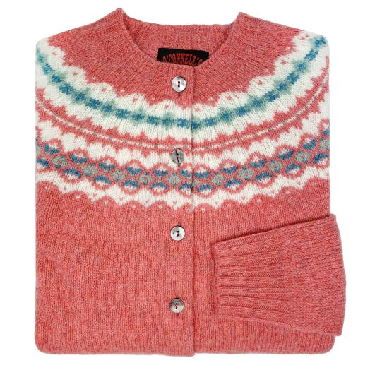 O'Connell's Womens Scottish Shetland Wool Fair Isle Yoke Cardigan Sweater - Rosebud