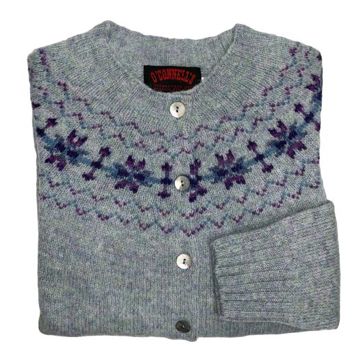 O'Connell's Womens Scottish Shetland Wool Fair Isle Yoke Cardigan Sweater - Sea Pearl