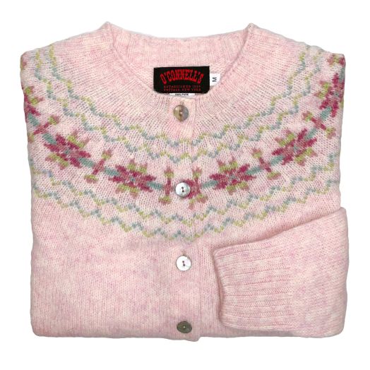 O'Connell's Womens Scottish Shetland Wool Fair Isle Yoke Cardigan Sweater - Strawberry Sherbet