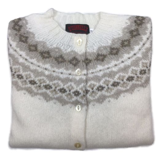 O'Connell's Womens Scottish Shetland Wool Fair Isle Yoke Cardigan Sweater - White & Natural