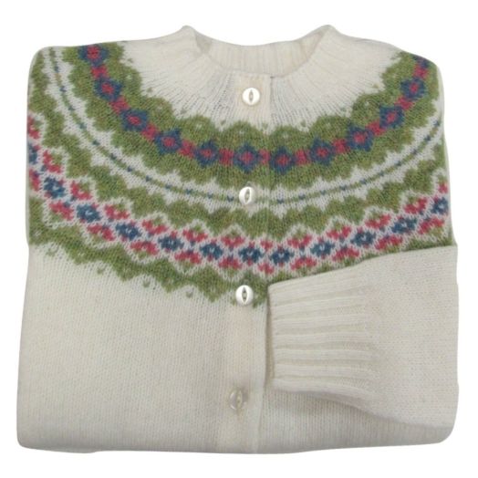 O'Connell's Womens Scottish Shetland Wool Fair Isle Yoke Cardigan Sweater - Winter White