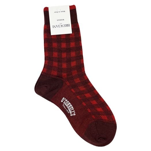 Bresciani Women's Wool Trouser Socks - Check - Bordeaux with Tomato (106430)