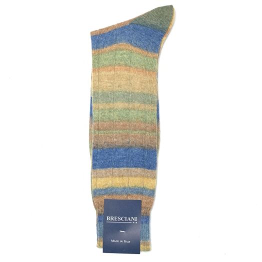 Wool & Alpaca midcalf Bresciani Socks - Stripe - Ginger, Blue, Gold & Green (95794)