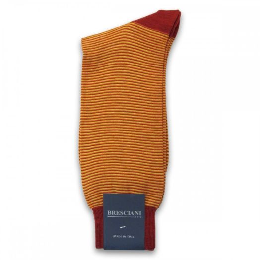 Wool & Cotton mid-calf Bresciani Horizontal Stripe Socks - Brick & Yellow