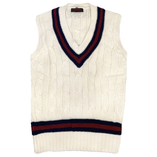 Wool Cricket Sleeveless Sweater Vest - Cream with Navy & Burgundy