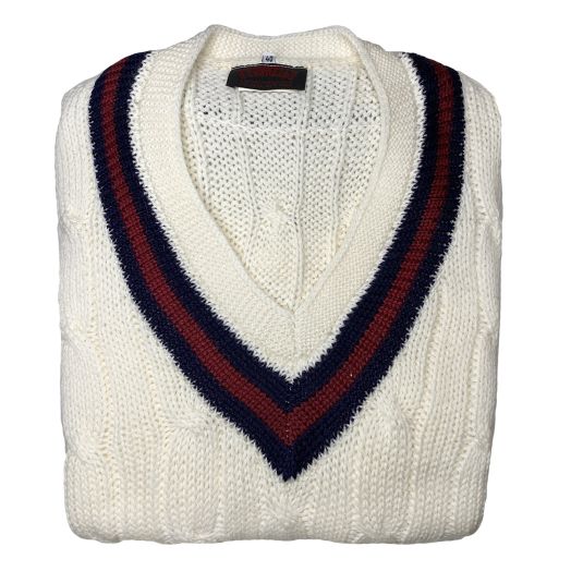 Wool Cricket Sweater - Cream with Navy & Burgundy