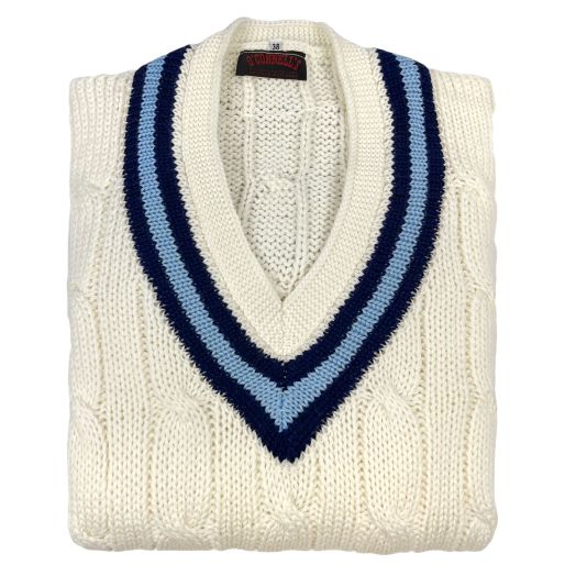 Wool Cricket Sweater - Cream with Navy & Sky