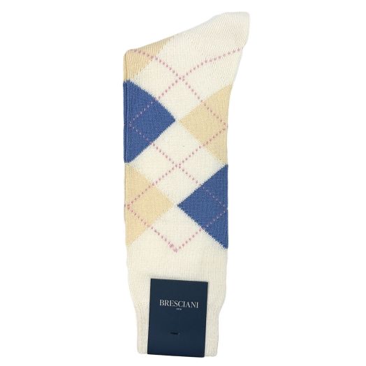 Wool Mid-calf Bresciani Argyle Socks - Cream, Blue & Butter (110955)