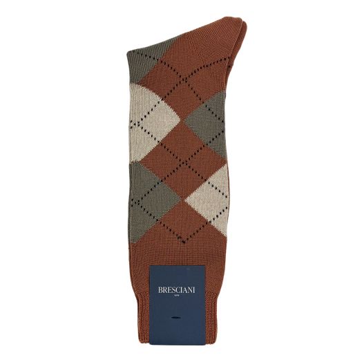 Wool Mid-calf Bresciani Argyle Socks - Rust with Tan & Olive (114741)