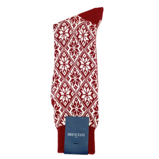 Wool Mid-Calf Bresciani Chalet Socks - Burgundy with White (104761)