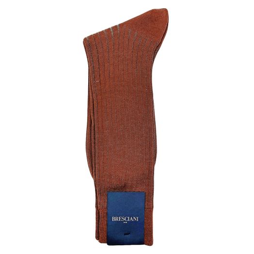 Wool mid-calf Bresciani Fine Gauge Vertical Stripe Socks - Leather with Lichen (105240