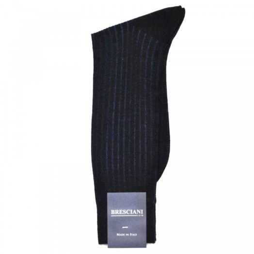 Wool mid-calf Bresciani Fine Gauge Vertical Stripe Socks - Navy with Electric Blue (82681)