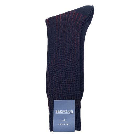 Wool mid-calf Bresciani Fine Gauge Vertical Stripe Socks - Navy with Red (097113)